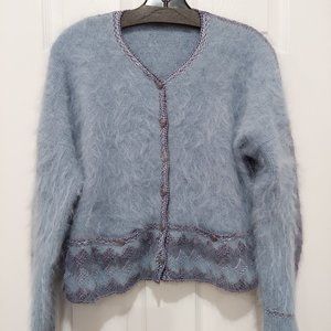 Handknit by Genevieve Periwinkle Blue Cardigan Sweater Angora